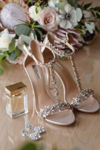 INC Beaded Open Toe Wedding Shoes with Bridal Accessories and Blush Pink, White Floral Anemone and Protea Bouquet with Greenery