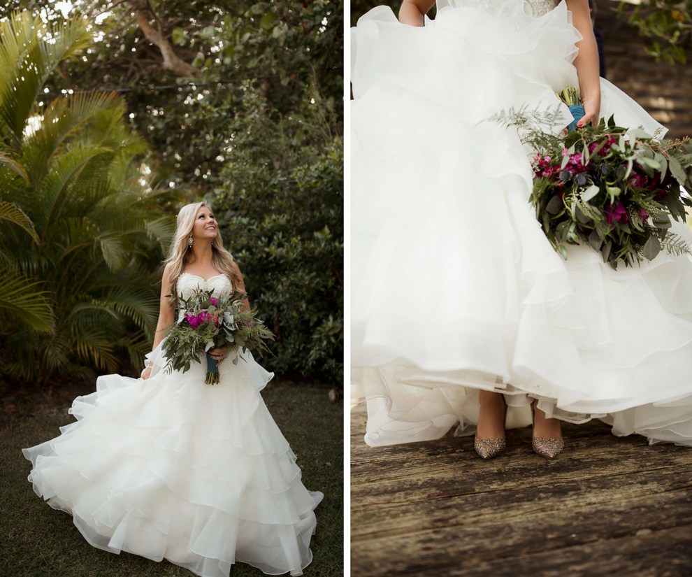 Outdoor Bridal Portrait In Strapless Layered Ballgown Wedding Dress with Pointed Toe Rainbow Glitter Kate Spade Wedding Shoes with Fuchsia Floral and Greenery Bouquet Wrapped in Turquoise Ribbon