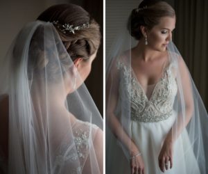 Bride Getting Ready Portrait, with Delicate Silver Floral Hair Crown, Wearing Pearl and Lace Beaded Belted Wedding Dress | Sarasota Wedding Photographer Cat Pennenga Photography