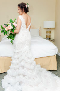 Indoor Bridal Portrait in Open Back A Line Fringe David's Bridal Wedding Dress with Peach Rose and Greenery Bouquet | St Pete Wedding Florist Cotton and Magnolia
