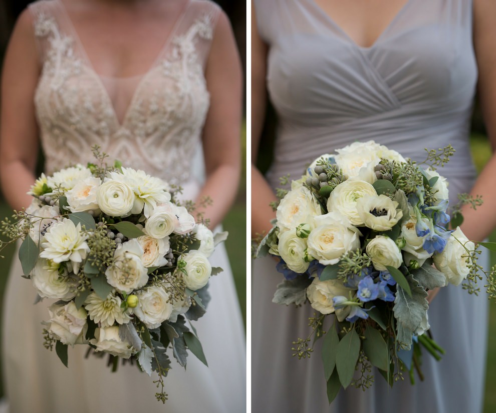 Outdoor Wedding Portrait with White, Yellow, Blue and Greenery Bouquet, Bride in Lace Beaded Wedding Dress, Bridesmaid in Blue V Neck Dress | Sarasota Wedding Photographer Cat Pennenga Photography