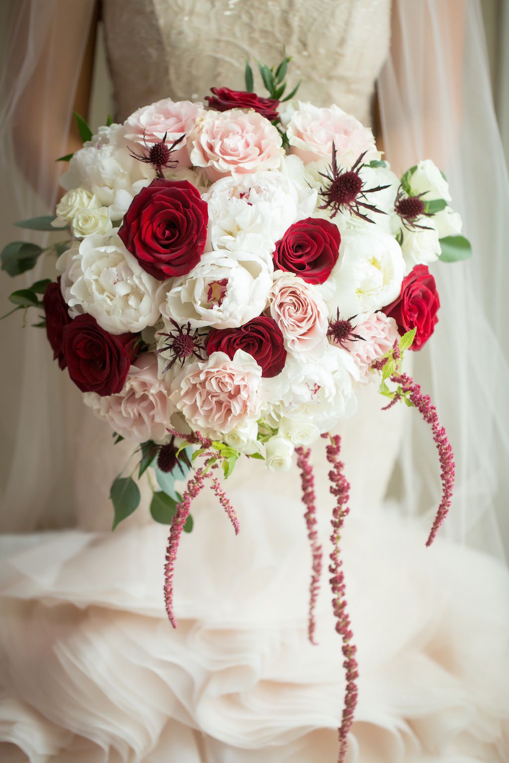 Bridal Portrait with Red Rose, Blush Pink Carnation and Greenery and Burgundy Thistle Bouquet | Tampa Bay Wedding Photography Andi Diamond Photography