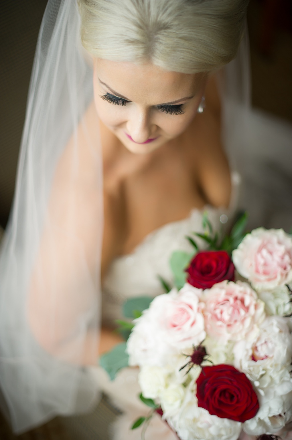 Bridal Portrait with Red Rose, Blush Pink Carnation and Greenery and Burgundy Thistle Bouquet | Tampa Bay Wedding Photography Andi Diamond Photography | Hair and Makeup Michele Renee The Studio