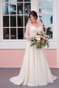 Outdoor Bridal Portrait in Lace Sleeve Wedding Dress with Blush Pink, White, and Burgundy Bouquet with Greenery | Tampa Bay Wedding Hair and Makeup Femme Akoi Beauty Studio | St Pete Photographer Marc Edwards Photographs
