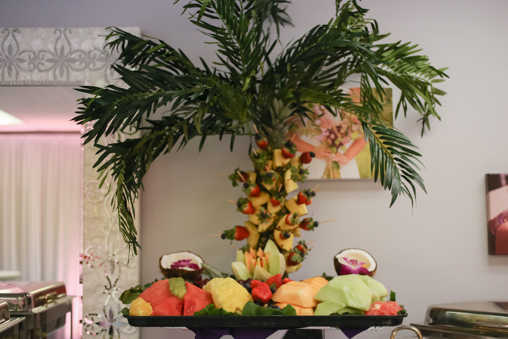 Tropical Wedding Reception Fruit Plate with Orchids and Coconuts | Tampa Bay Wedding Caterer Delectables Fine Catering