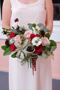 Outdoor Bridesmaid Portrait with Red and Pink Rose, Anemone, and Burgundy Floral with Greenery Bouquet | St Pete Wedding Photographer Marc Edwards Photography