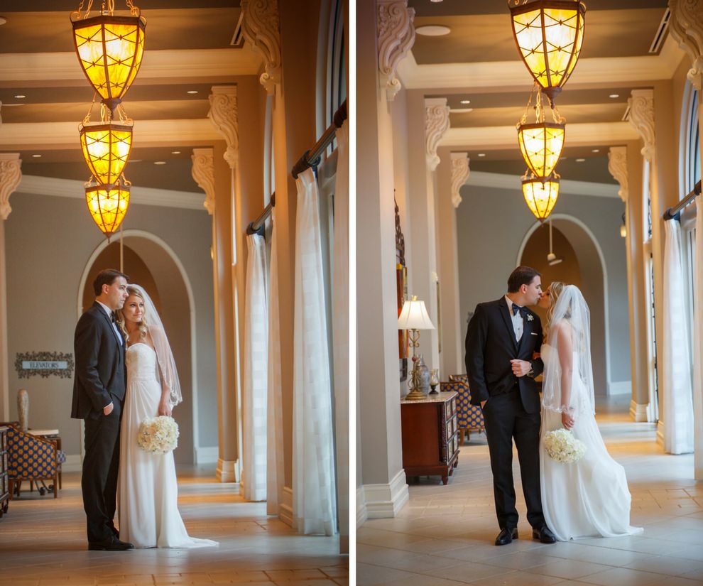 Indoor Hotel Wedding Portrait, Bride in Strapless Column Dress with White Bouquet | Venue The Tampa Renaissance