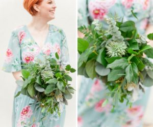 Outdoor Bridesmaid Portrait in Green and Pink Floral Print Dress with Greenery Bouquets | St Pete Wedding Florist Cotton and Magnolia