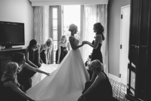 Bride Getting Ready on Wedding with Bridesmaids in Martina Liana Wedding Dress