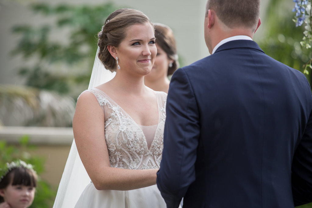 Outdoor Garden Wedding Ceremony Portrait, Bride in Beaded Lace V Neck Dress, Groom in Navy Suit | Sarasota Wedding Photographer Cat Pennenga Photography