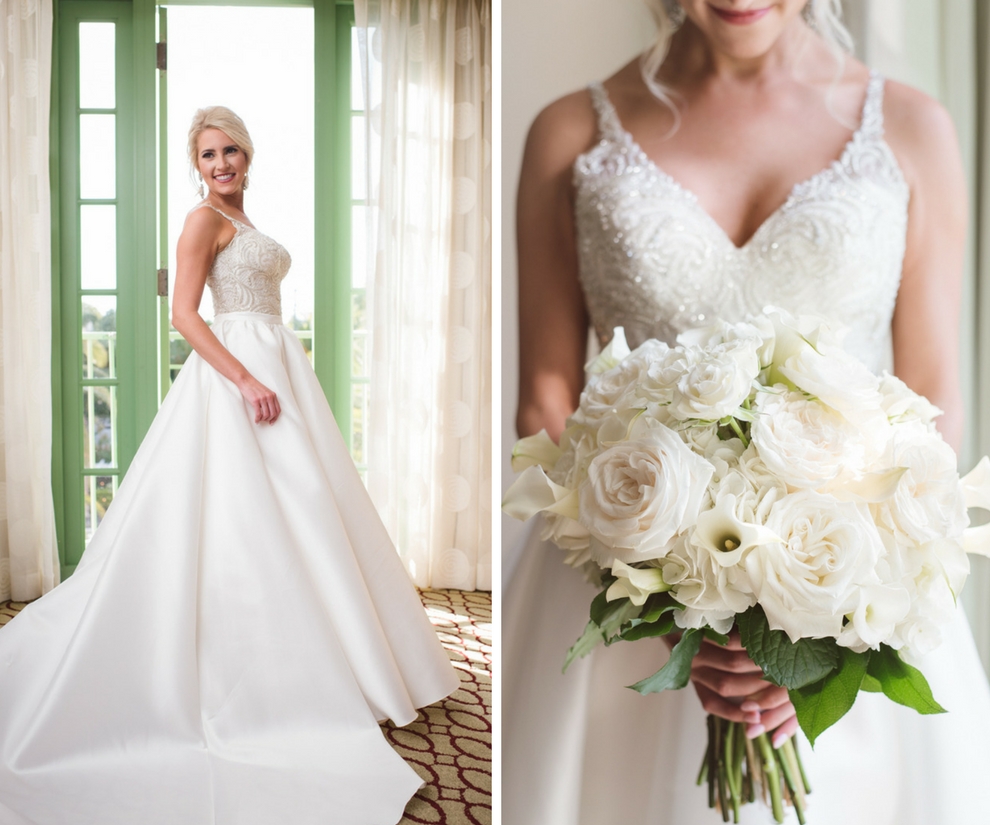 Elegant Martina Liana Beaded Ballgown Wedding Dress with White Ivory Floral Wedding Bouquet with Greenery