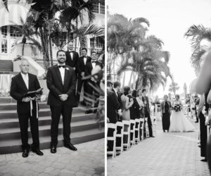Outdoor Hotel Courtyard Wedding Ceremony Portrait with Folding Chairs | Historic Waterfront Hotel St. Pete Beach Wedding Venue The Don CeSar | Photographer Marc Edwards Photographs | Planner Parties A La Carte