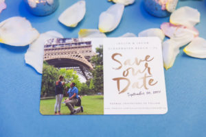 Gold Printed on White Save the Date Postcard with Surprise Eiffel Tower Engagement Photo