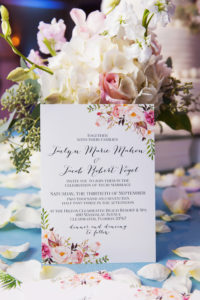 Watercolor Peach and Pink Floral with Fern Wedding Invitation, Black Script on White