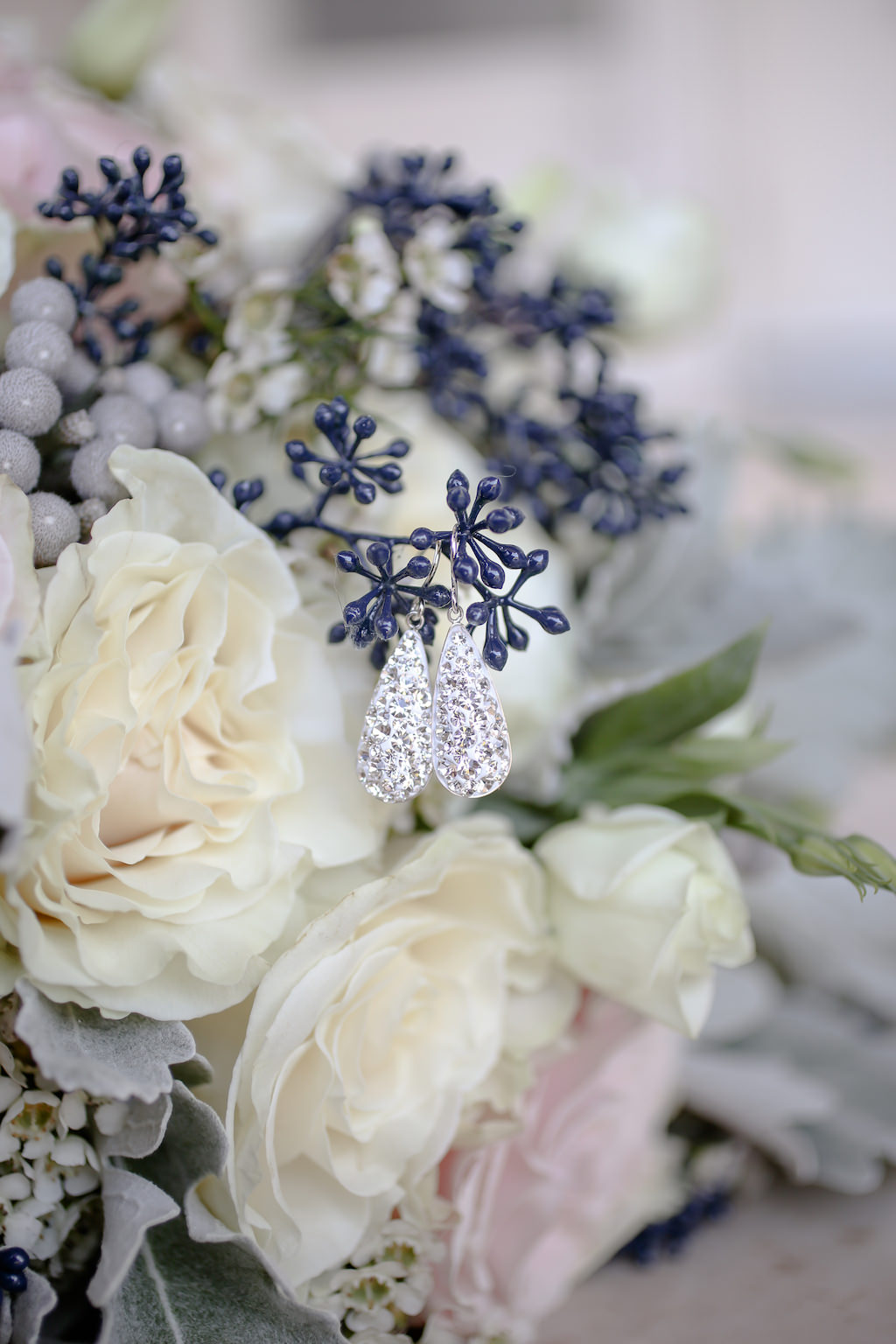 Crystal Drop Bridal Earrings and Blue, White Rose and Blush Pink Floral Bouquet with Greenery
