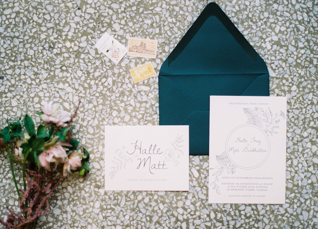 Floral Illustrated Wedding Invitation Suite with Teal Blue Green Envelope