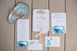 Nautical Blue and Orange Coastal Wedding Invitation Suite and Ceremony Program Fan with Crabs and Watercolor Florals