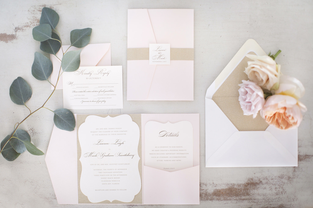 Blush Pink, Brown Craft Paper and White Wedding Invitation Suite