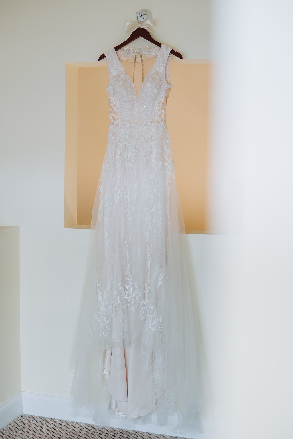V Neck Illusion Lace Cutout Wedding Dress on Hanger
