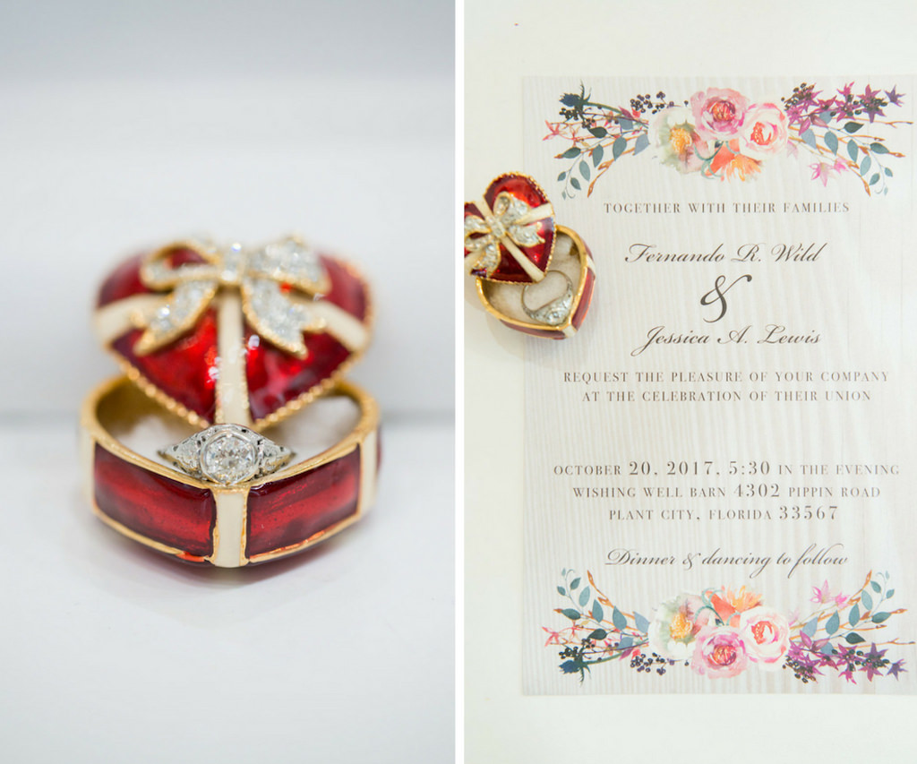 Enamel Tiny Red Heart Ring Box with Engagement Ring and Purple, Orange and Pink Watercolor Floral Wedding Invitation