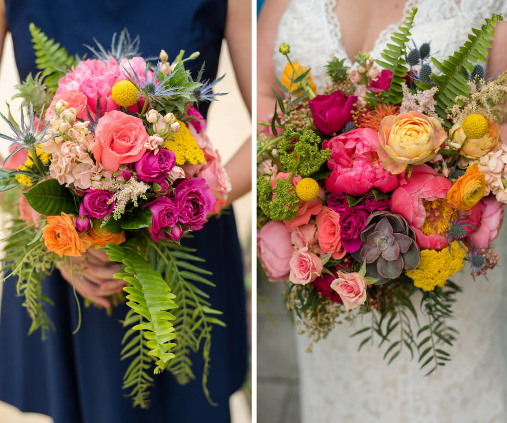 Outdoor Bride and Bridesmaid in Navy Blue Portrait, with Pink Rose, Yellow, ORange and Succulent BOuquet with Ferns and Greenery | Tampa Bay Wedding Photographer Caroline and Evan Photography