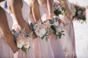 Outdoor Beach Wedding Bridal Party Ceremony Portrait, Bridesmaids in V Neck Halter Belted Blush PInk Vera Wang Dresses, with White and PInk Rose with Greenery Bouquet | Sarasota Wedding Photographer Djamel Photography