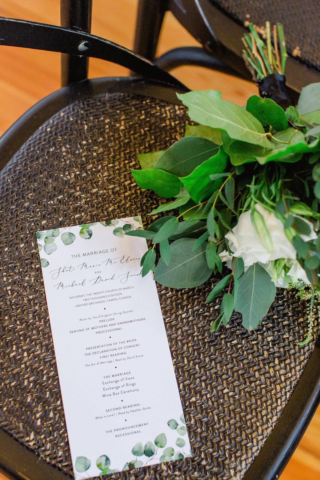 Watercolor Greenery and Black Printed White Wedding Ceremony Program with White Floral and Greenery Bouquet