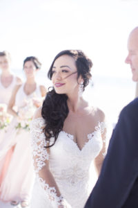 Outdoor Beach Ceremony Portrait, Bride in V NEck Off THe Shoulder Lace Long Sleeve Brides by Demetrios Dress | Tampa Bay Wedding Photographer Djamel Photography
