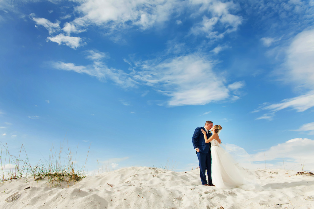 Outdoor Beach Wedding Portrait, Groom in Blue Suit | Hotel Wedding Venue Hilton Clearwater Beach