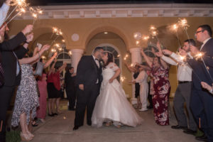 Bride and Groom Sparkler Wedding Exit Portrait, Bride in Lace Sleeve Pronovias Ballgown Dress with Pearl Headband | Tampa Bay Wedding Venue Tampa Palms Golf and Country Club