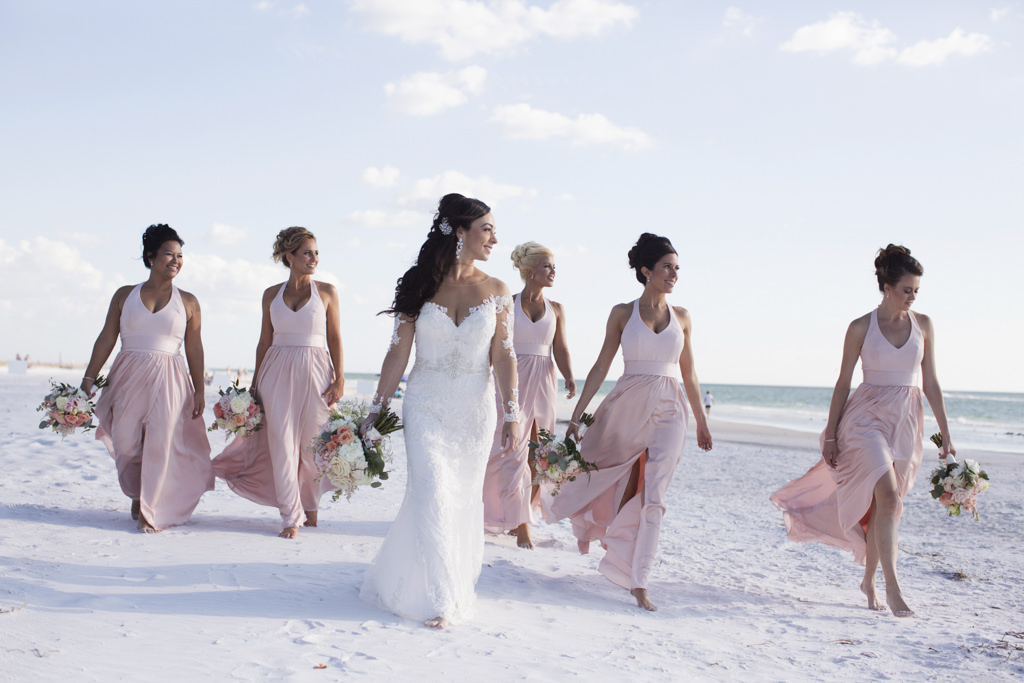 Outdoor Beach Wedding Party Portrait, Bride in Illusion Back Long Sleeve Lace Column Brides By Demetrios Wedding Dress, Bridesmaids in V Neck Belted Blush PInk Vera Wang Dresses, with White and PInk Rose with Greenery Bouquet | Sarasota Wedding Photographer Djamel Photography