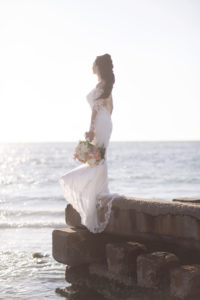Outdoor Beach Bridal Portrait, Bride in V Neck Off The Shoulder Lace Long Sleeve Brides by Demetrios Dress with Pink and White Floral Bouquet with Greenery | Siesta Key Beach Wedding Photographer Djamel Photography