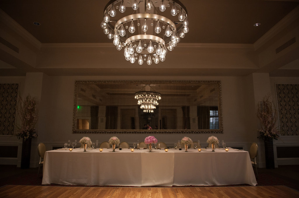 Simple Glam Pink and White Wedding Reception Long Table with Peony Bouquet and Low Baby's Breath and Blush Rose Centerpieces, Votive Candles | Downtown St Petersburg Boutique Hotel Venue The Birchwood