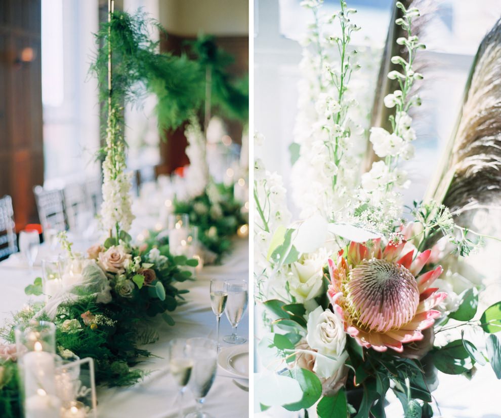 Hotel Ballroom White and Greenery Wedding Reception with Long Feasting Tables, Extra Tall White Spray and Garland Runner Centerpieces with PRotea, with Ivory and Blush Roses and Clear Chiavari Chairs | Downtown Tampa Venue Le Meridien