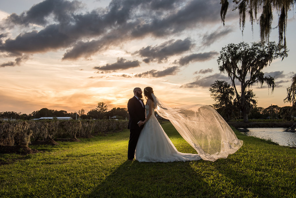 Outdoor Sunset Wedding Portrait Under Oak Trees | Tampa Bay Rustic Wedding Venue Wishing Well Barn