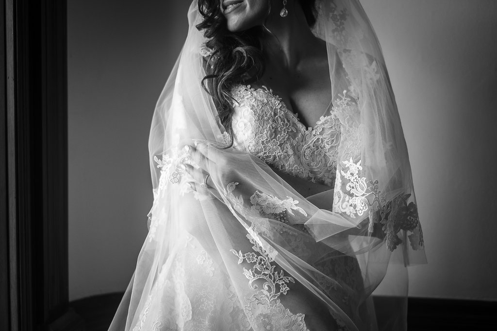 Indoor Bridal Portrait in Floral Lace Veil and Pronovias Dress | Tampa Bay Wedding Photographer Marc Edwards Photographs