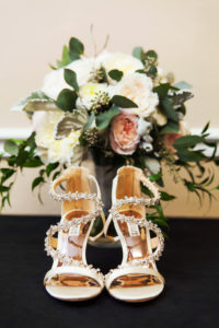 Open Toe Gold Badgley Mischka WEddign Shoes with Jeweled Strap, and White and Pink Rose with Natural Greenery Bouquet