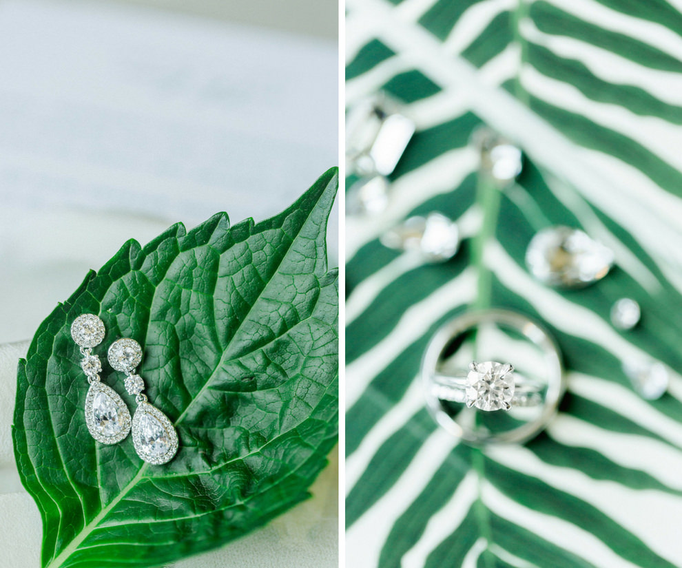 Chrystal Drop Bridal Earrings and Engagement Ring on Greenery Fern Wedding Invitation