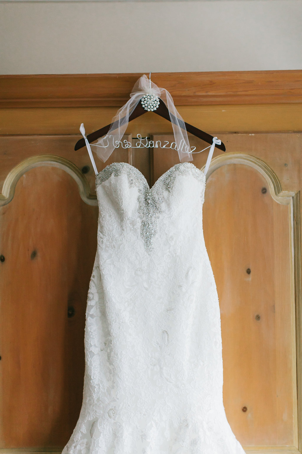 Strapless Silver Beaded Mermaid Wedding Dress on Customized Hanger