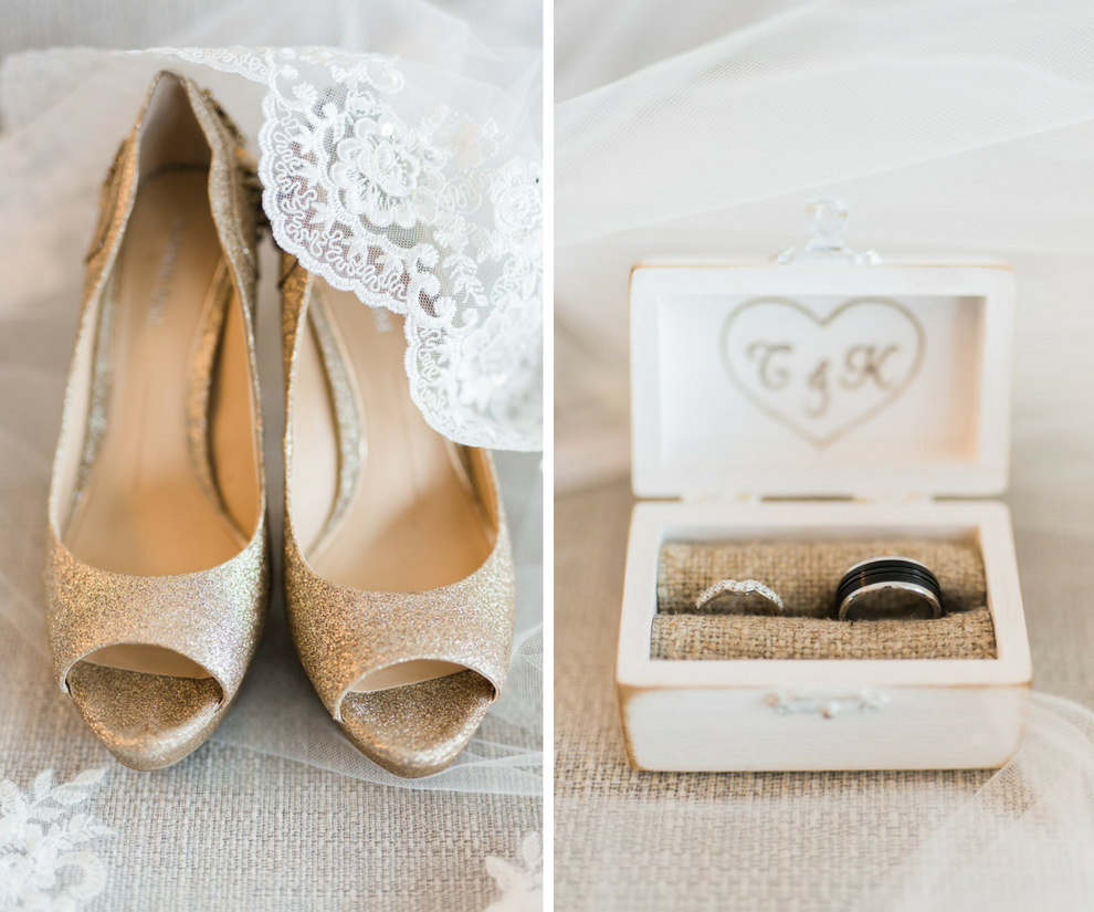 Gold Peep Toe Wedding Shoes and Black Mens Band and Diamond Ring in Personalized Initial Tiny Wood Box
