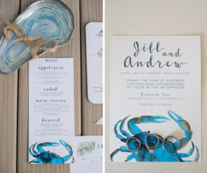 Nautical Blue and Orange Coastal Wedding Invitation Suite and Menu with Crabs and Watercolor Florals, Wedding Band and Engagement Ring