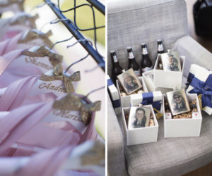 Bridesmaids Pink Robes on Personalized White Hangers with Gold Ribbon, and Groomsmen Gift Boxes with Custom Photo Portrait Caricature Flasks in White Gift Boxes With Navy Blue Ribbon