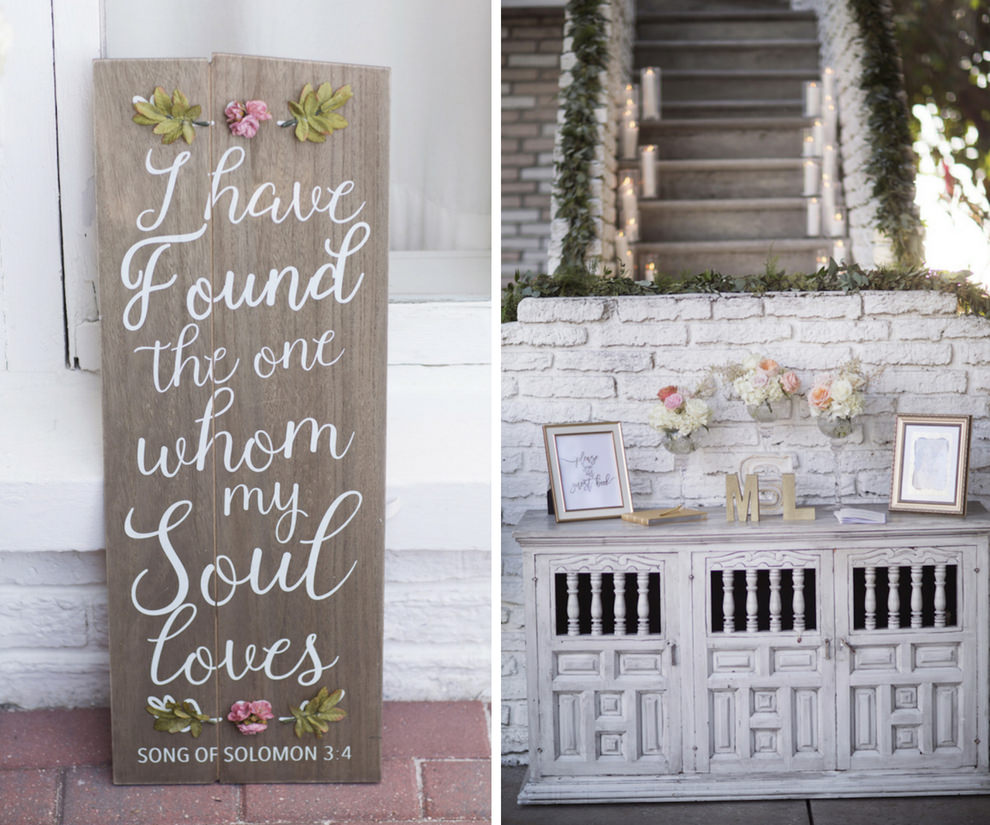 Beach Wedding Boutique Hotel Reception Decor with White Script on Wood Bible Quote with Pink Floral and Greenery Sign, Gold Wooden Initials and Framed Guest Book Sign | Siesta Key Venue Sunset Beach Resort