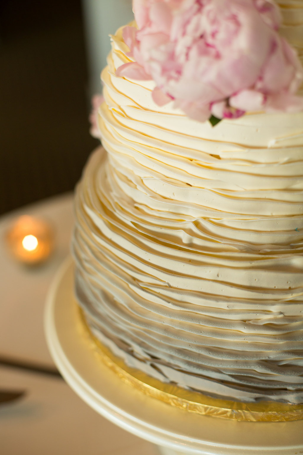 Three Tier Gold and White Icing Round Wedding Cake With Gray Ombre on White Cake Stand with Pink Peony Florals | Tampa Bay Wedding Bakery The Artistic Whisk