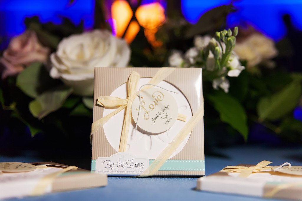 Custom White Coaster in Brown Box with Paper Ribbon and Printed Circle Card wedding favor