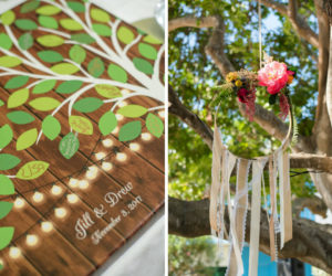 Boho Inspired Hanging Wedding Reception ORange and PInk with Greenery Tropical Floral Hoop with Natural Ribbon and Tree with String Light Illustration Guest Book