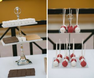 Red and White Cake Pops on Silver Two-Tiered Dessert Tray and S'Mores Bar | Tampa Bay Wedding Desserts Sweetly Dipped Confections