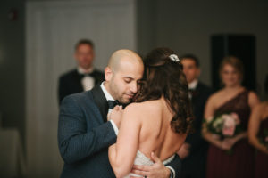 First Dance Portrait, Bride with Silver Hair Accessory and Strapless Dress, Groom in White Dotted Navy Blue and Black Suit