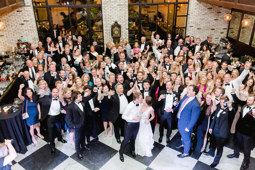 Aerial Wedding Reception Group Portrait | Downtown Tampa Venue The Oxford Exchange | Photographer Ailyn La Torre Photography