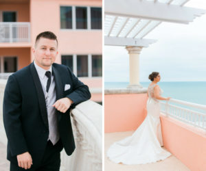 Outdoor Waterfront Hotel Rooftop Portraits, Bride in Lace Illusion Back Dress, Groom in Black Suit with Silver Vest | Tampa Bay Wedding Photographer Kera Photography | Venue Hyatt Regency Clearwater Beach